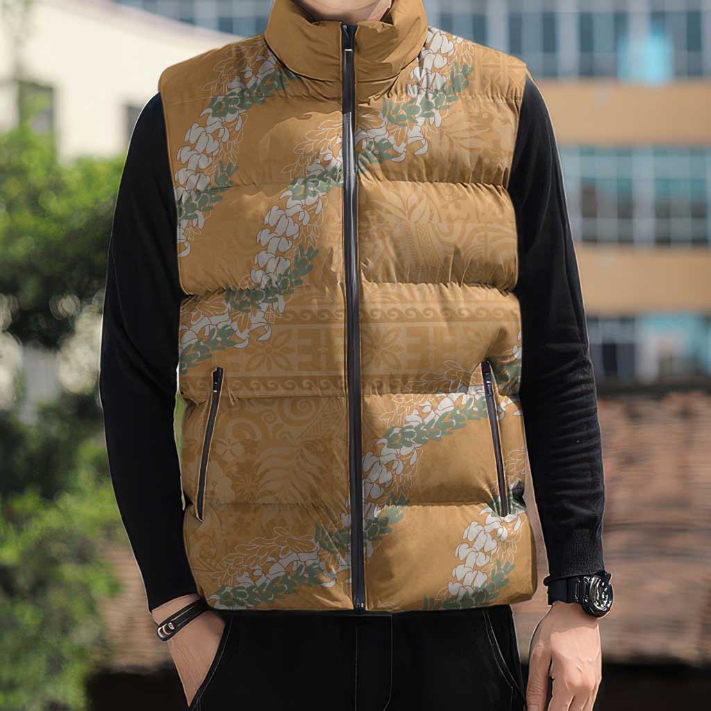 Aloha Pakalana and Puakenikeni Lei Sleeveless Puffer Jacket Gold Hawaiian Pattern - Polynesian Pride