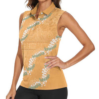 Aloha Pakalana and Puakenikeni Lei Women Sleeveless Polo Shirt Gold Hawaiian Pattern