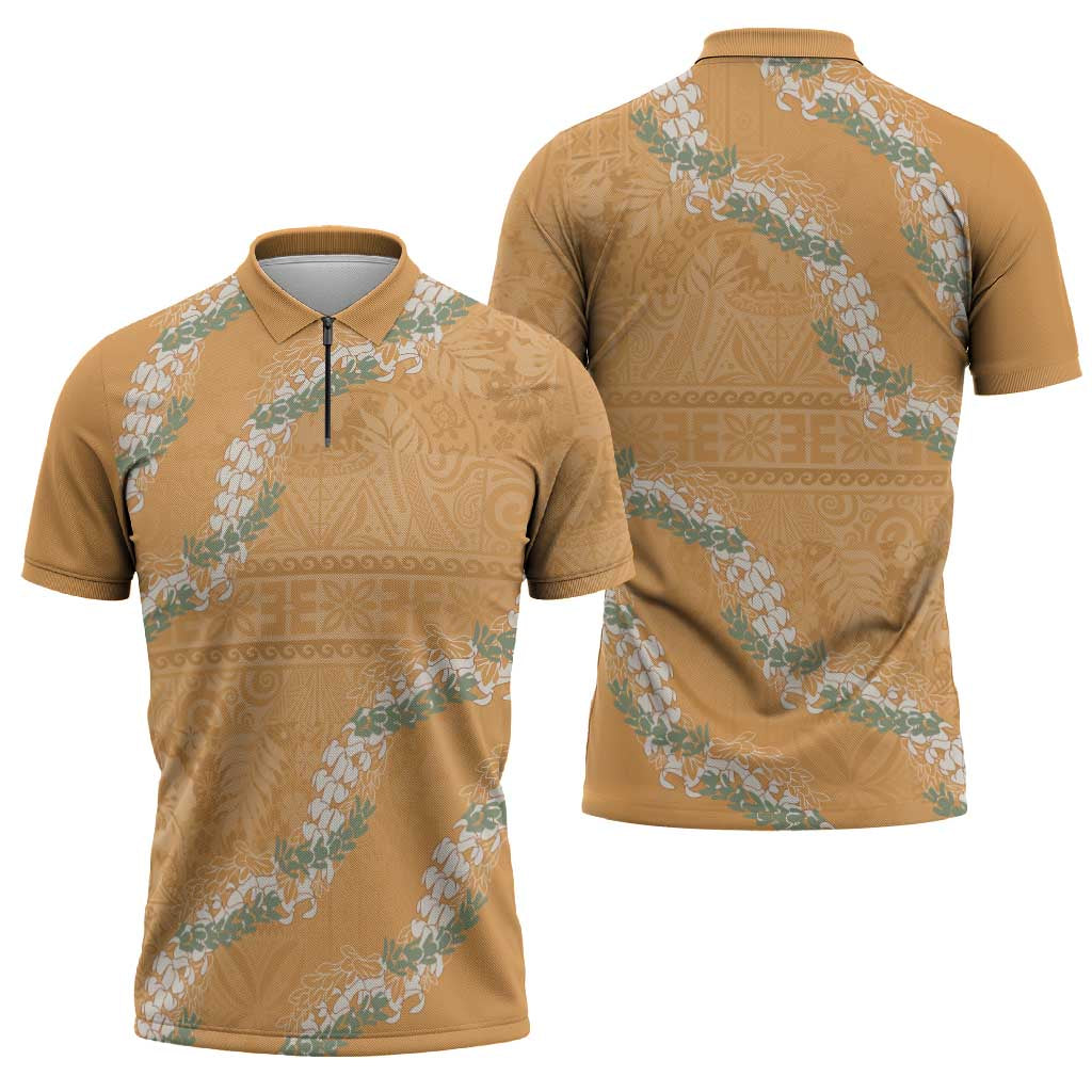 Aloha Pakalana and Puakenikeni Lei Zipper Polo Shirt Gold Hawaiian Pattern - Polynesian Pride