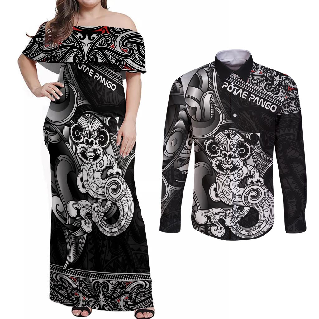 Personalised New Zealand Potae Pango Cricket Couples Matching Off Shoulder Maxi Dress and Long Sleeve Button Shirt Special Maori Hei Tiki Tribal Tattoo