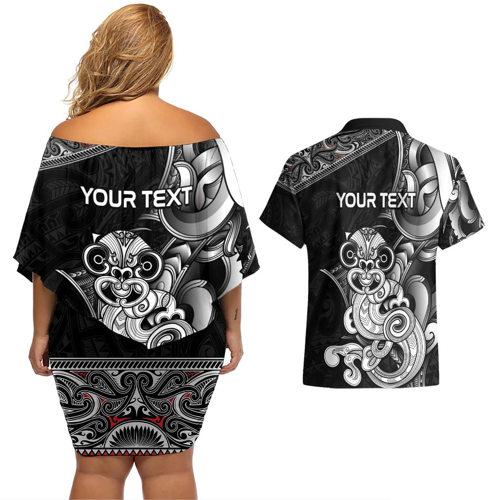 Personalised New Zealand Potae Pango Cricket Couples Matching Off Shoulder Short Dress and Hawaiian Shirt Special Maori Hei Tiki Tribal Tattoo