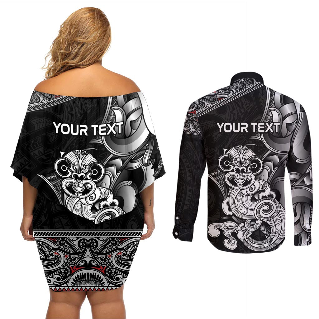 Personalised New Zealand Potae Pango Cricket Couples Matching Off Shoulder Short Dress and Long Sleeve Button Shirt Special Maori Hei Tiki Tribal Tattoo