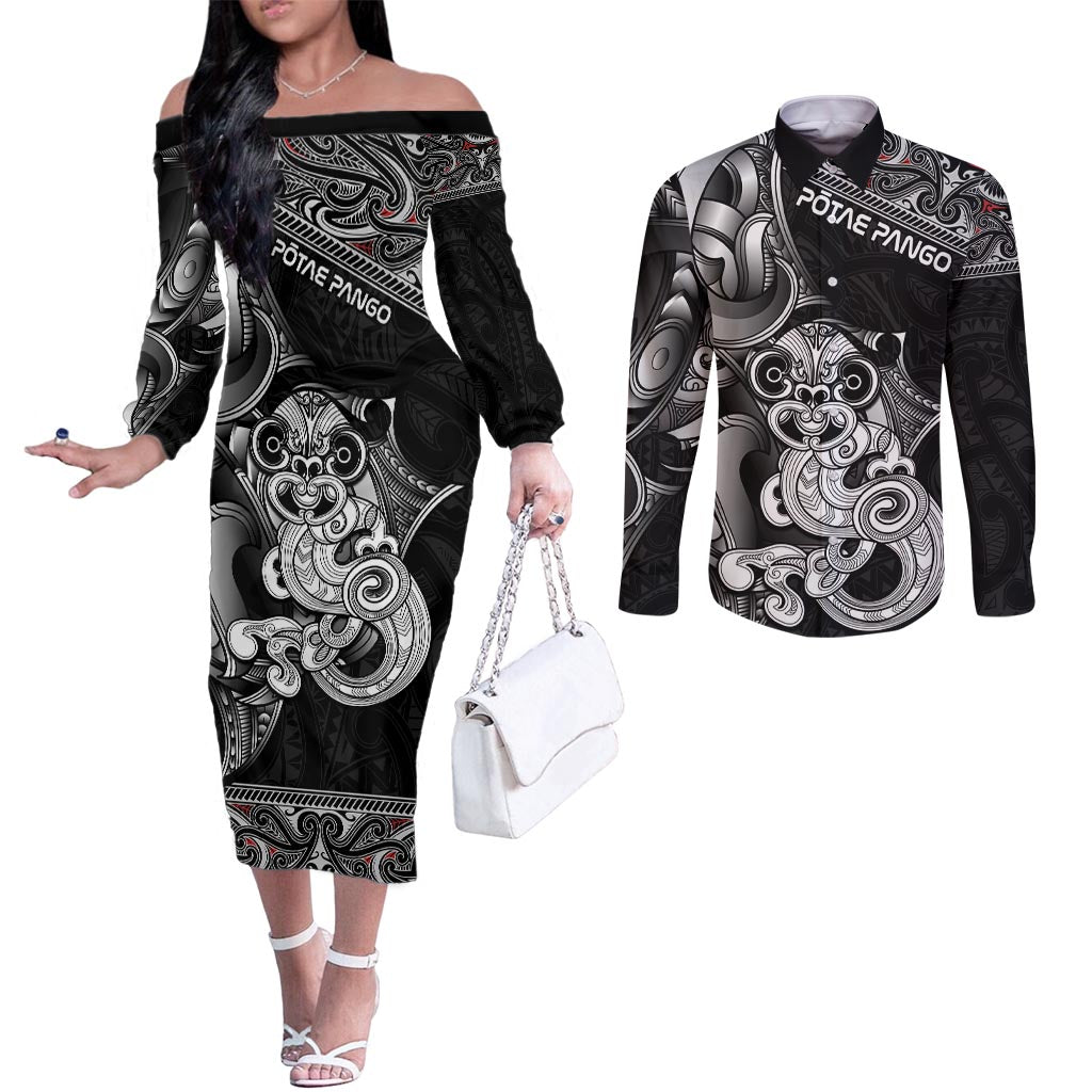Personalised New Zealand Potae Pango Cricket Couples Matching Off The Shoulder Long Sleeve Dress and Long Sleeve Button Shirt Special Maori Hei Tiki Tribal Tattoo