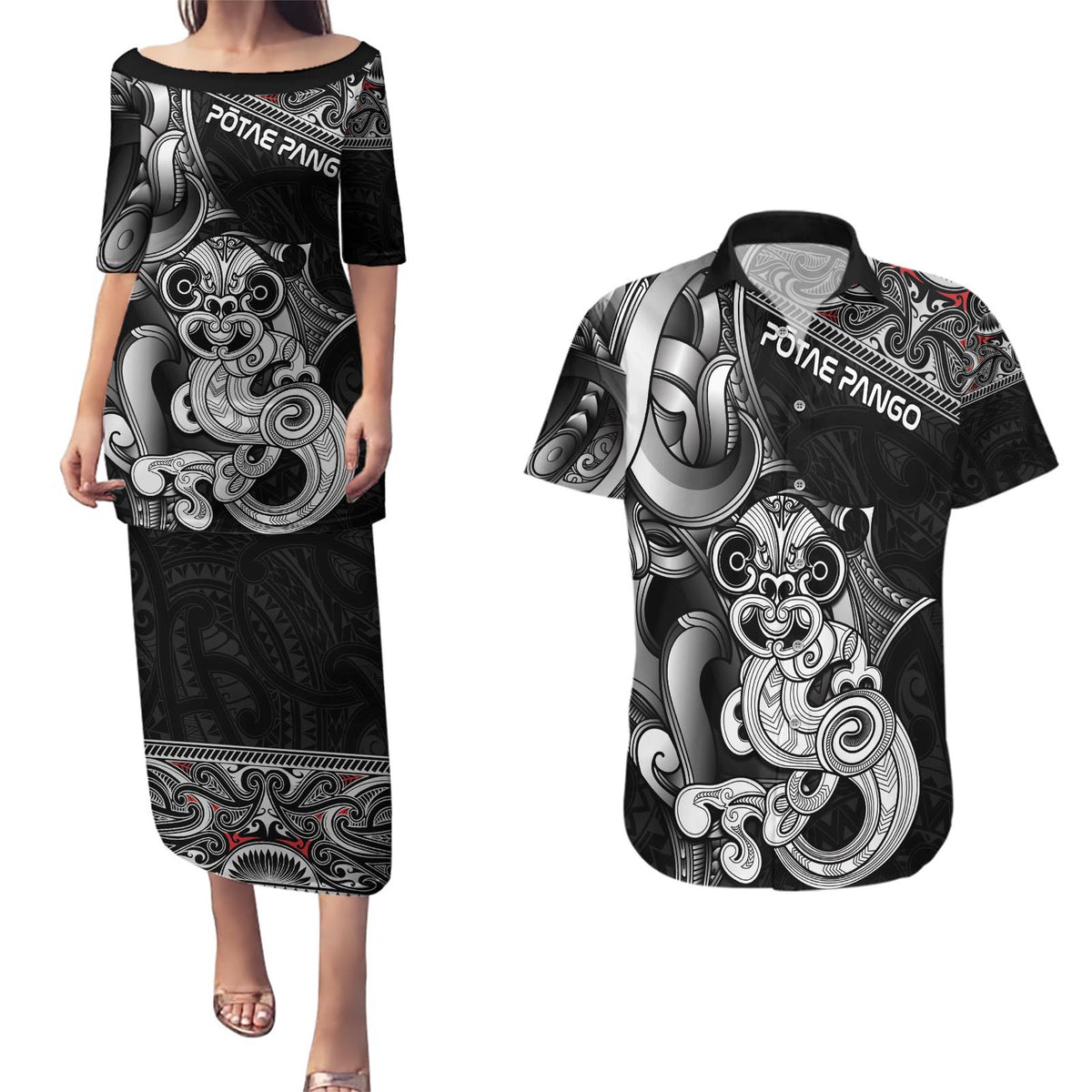 Personalised New Zealand Potae Pango Cricket Couples Matching Puletasi and Hawaiian Shirt Special Maori Hei Tiki Tribal Tattoo