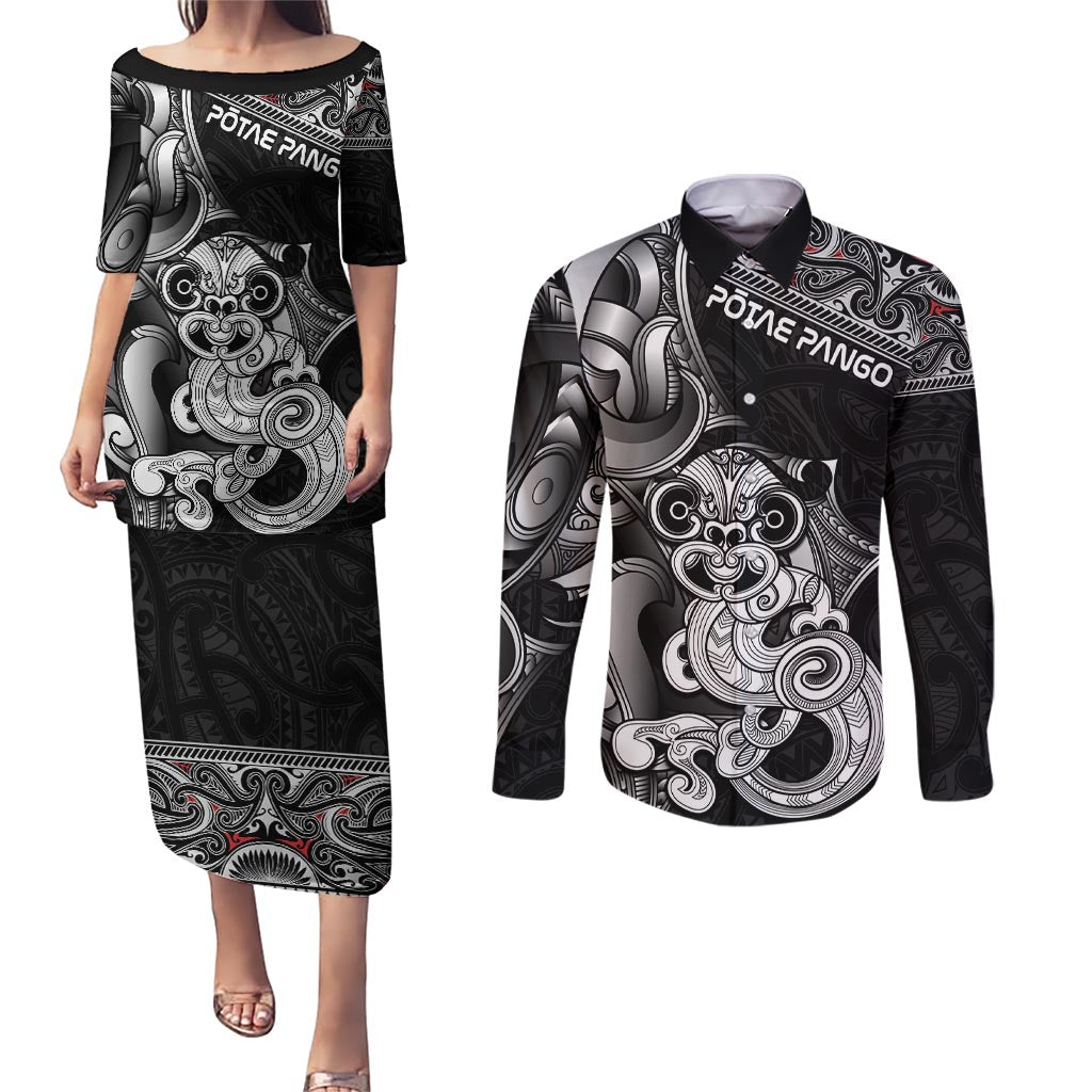 Personalised New Zealand Potae Pango Cricket Couples Matching Puletasi and Long Sleeve Button Shirt Special Maori Hei Tiki Tribal Tattoo