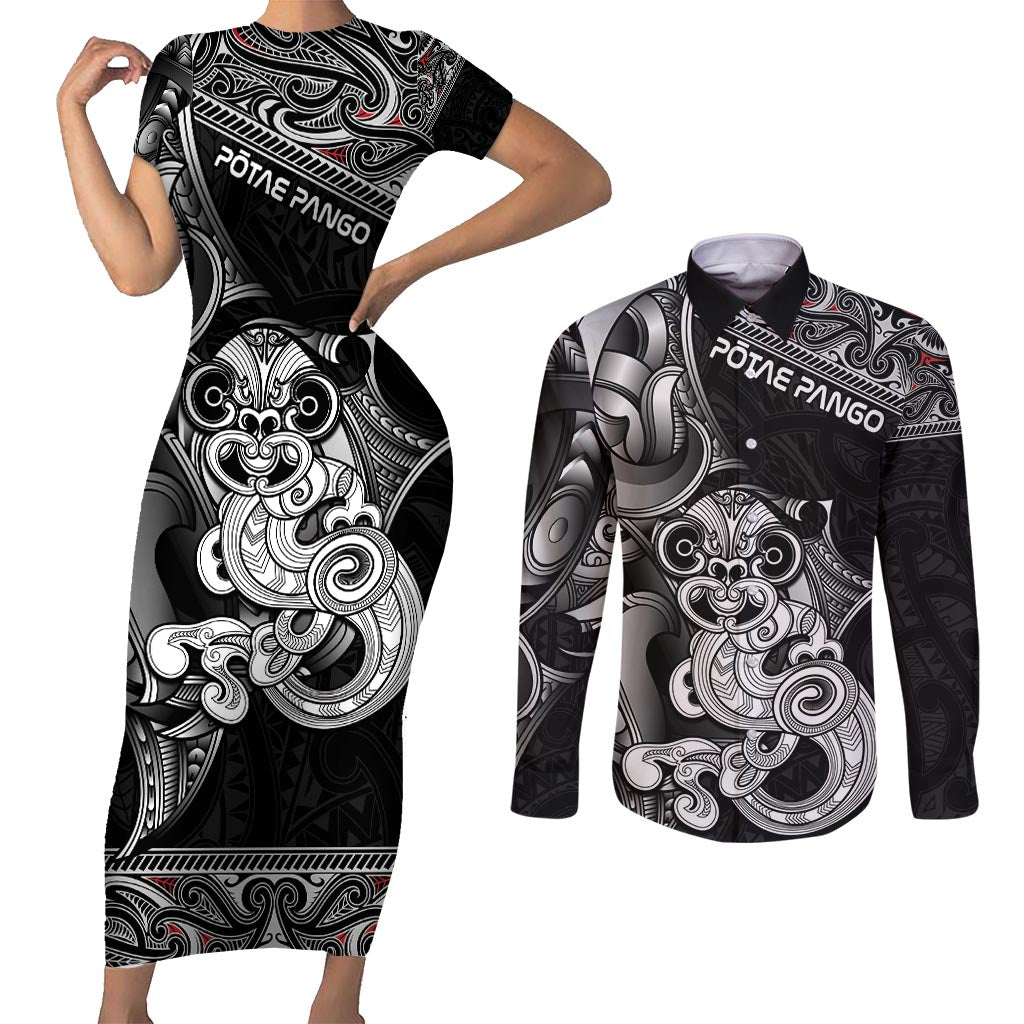Personalised New Zealand Potae Pango Cricket Couples Matching Short Sleeve Bodycon Dress and Long Sleeve Button Shirt Special Maori Hei Tiki Tribal Tattoo
