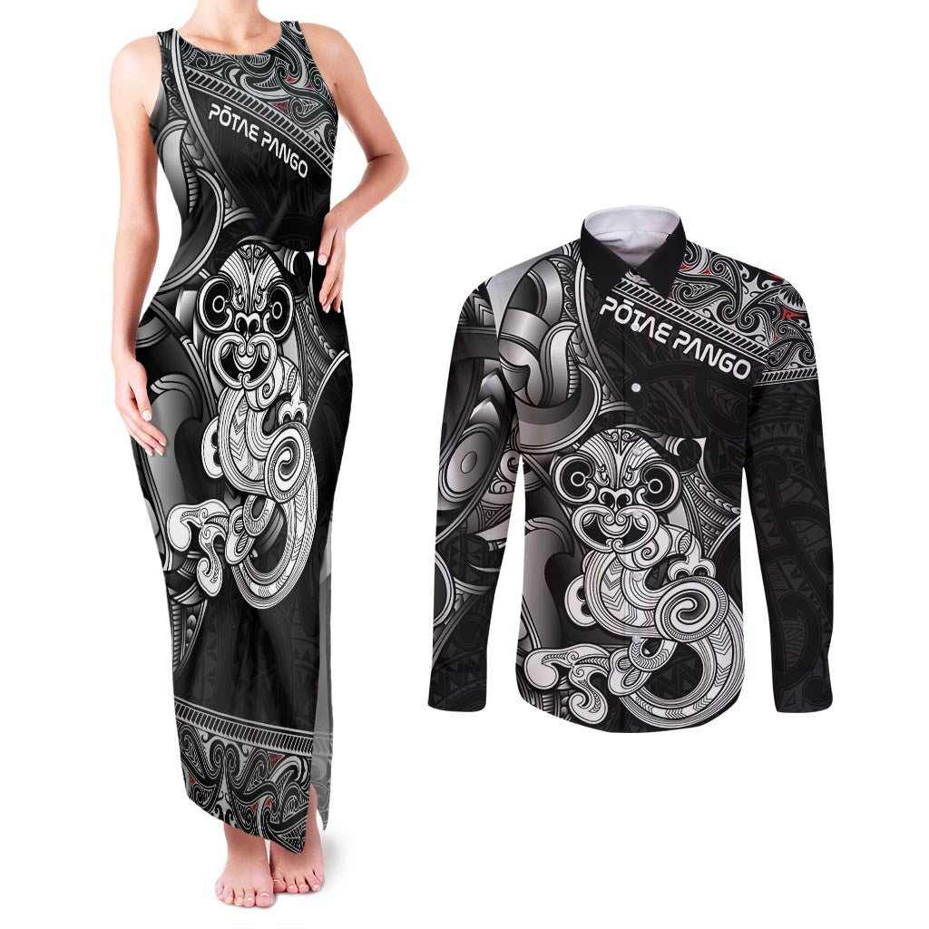 Personalised New Zealand Potae Pango Cricket Couples Matching Tank Maxi Dress and Long Sleeve Button Shirt Special Maori Hei Tiki Tribal Tattoo LT9 Black - Polynesian Pride