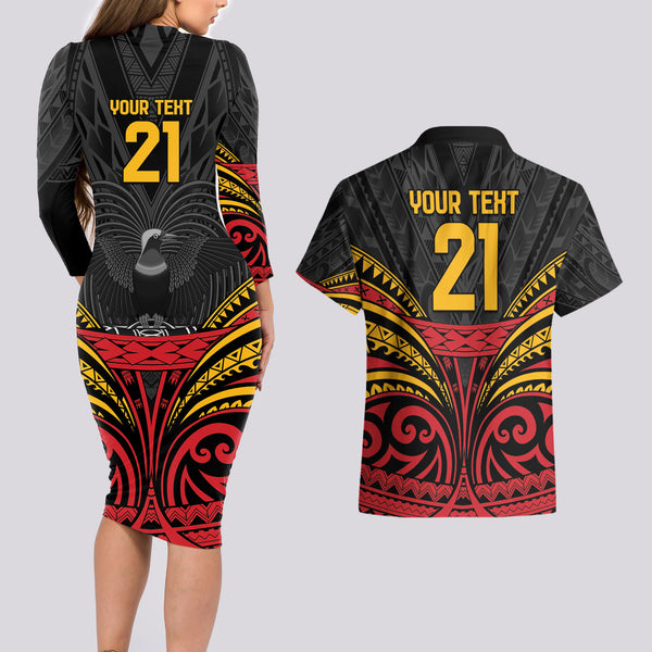 Papua New Guinea Couples Matching Long Sleeve Bodycon Dress and Hawaiian Shirt Birds Of Paradise Mix Tropical Flower Polynesian Pattern LT03