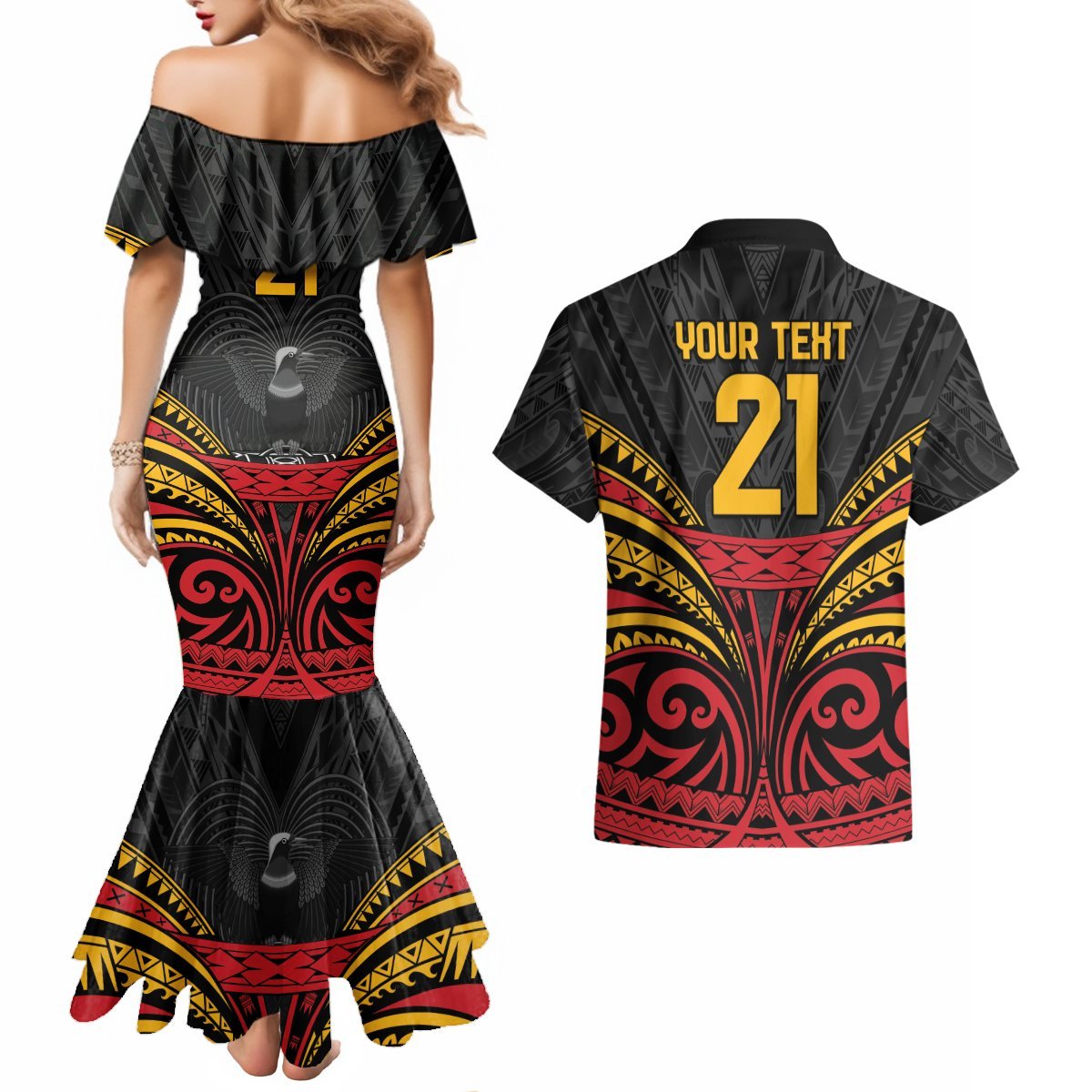 Custom Papua New Guinea Cricket Couples Matching Mermaid Dress and Hawaiian Shirt PNG Emblem Mix Polyneisan Pattern LT9 - Polynesian Pride