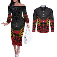 Custom Papua New Guinea Cricket Couples Matching Off The Shoulder Long Sleeve Dress and Long Sleeve Button Shirt PNG Emblem Mix Polyneisan Pattern LT9 Black - Polynesian Pride