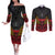 Custom Papua New Guinea Cricket Couples Matching Off The Shoulder Long Sleeve Dress and Long Sleeve Button Shirt PNG Emblem Mix Polyneisan Pattern