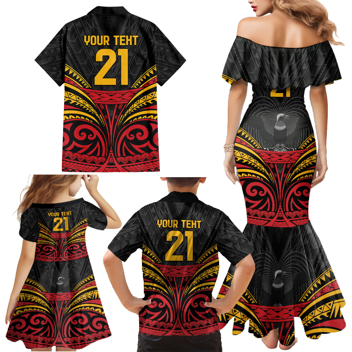 Custom Papua New Guinea Cricket Family Matching Mermaid Dress and Hawaiian Shirt PNG Emblem Mix Polyneisan Pattern