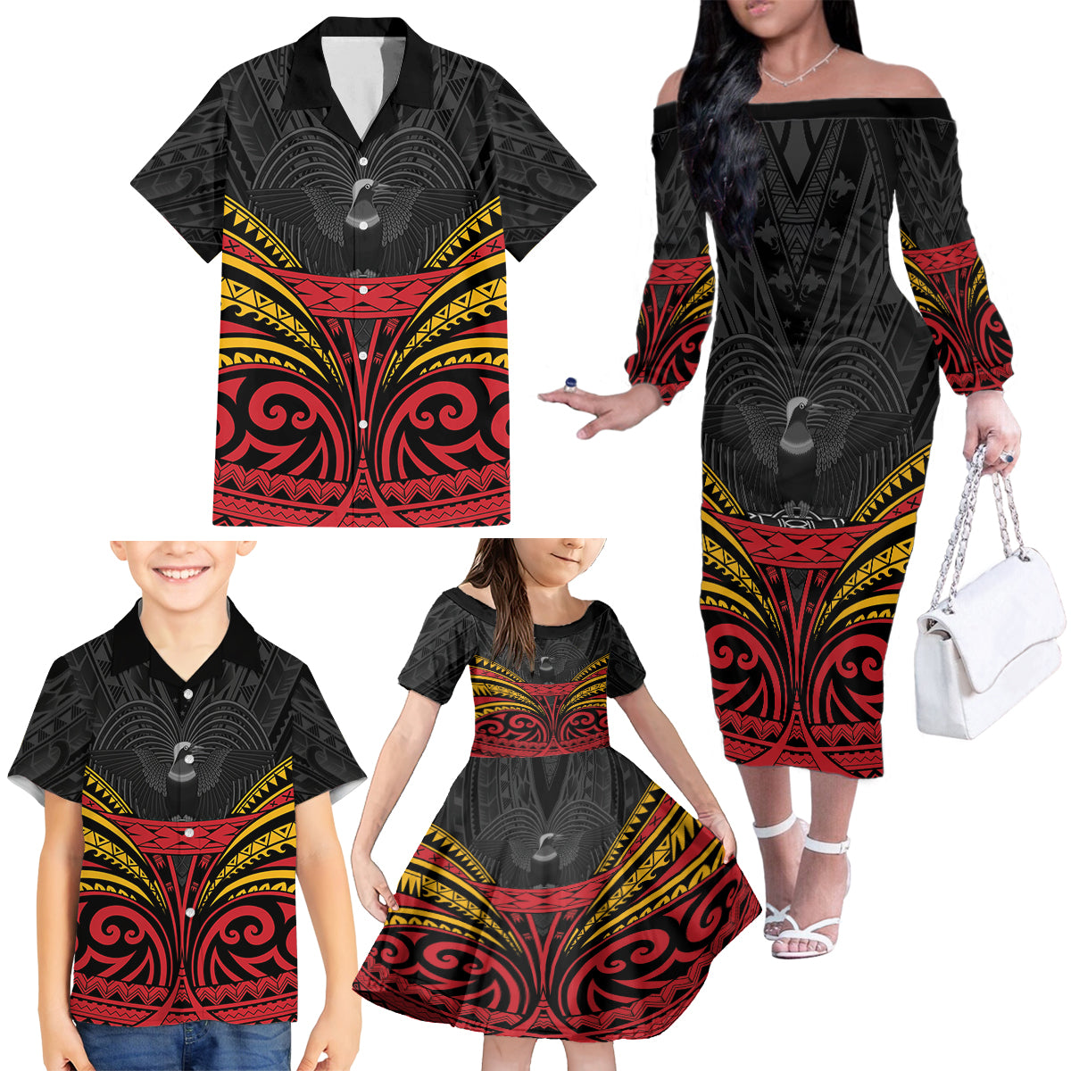Custom Papua New Guinea Cricket Family Matching Off The Shoulder Long Sleeve Dress and Hawaiian Shirt PNG Emblem Mix Polyneisan Pattern LT9 - Polynesian Pride