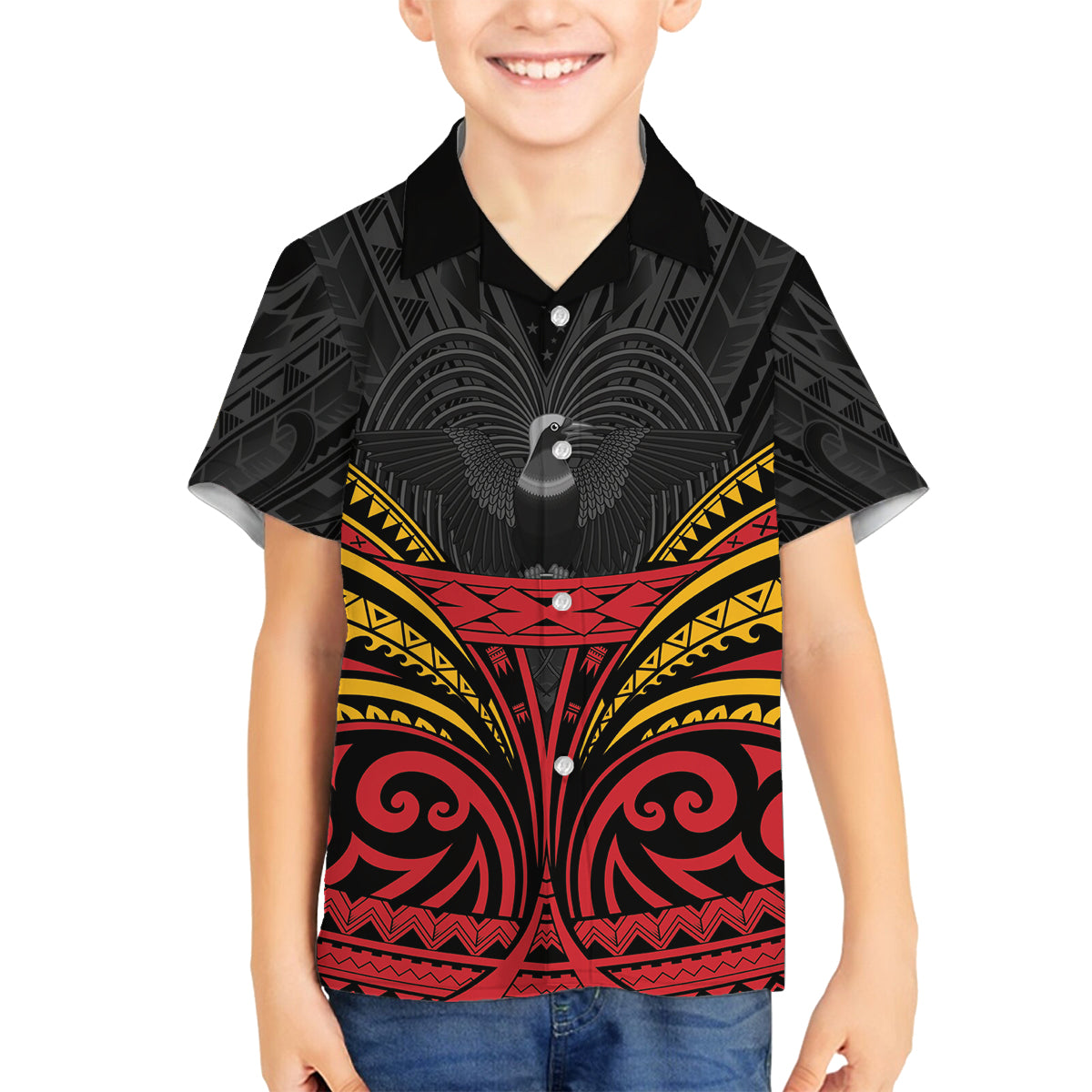 Custom Papua New Guinea Cricket Family Matching Off The Shoulder Long Sleeve Dress and Hawaiian Shirt PNG Emblem Mix Polyneisan Pattern