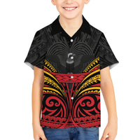 Custom Papua New Guinea Cricket Family Matching Off The Shoulder Long Sleeve Dress and Hawaiian Shirt PNG Emblem Mix Polyneisan Pattern