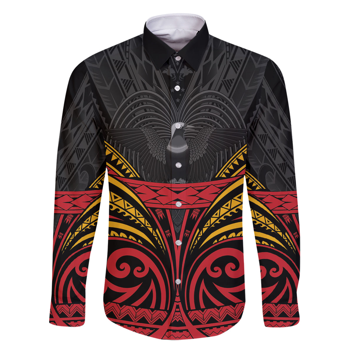 Custom Papua New Guinea Cricket Family Matching Summer Maxi Dress and Hawaiian Shirt PNG Emblem Mix Polyneisan Pattern LT9 Dad's Shirt - Long Sleeve Black - Polynesian Pride