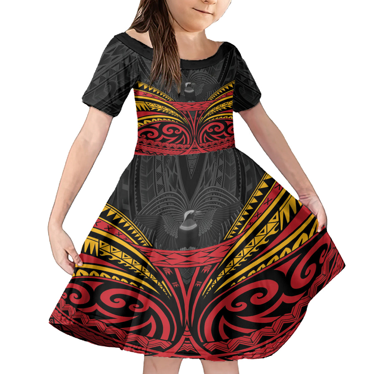 Custom Papua New Guinea Cricket Kid Short Sleeve Dress PNG Emblem Mix Polyneisan Pattern