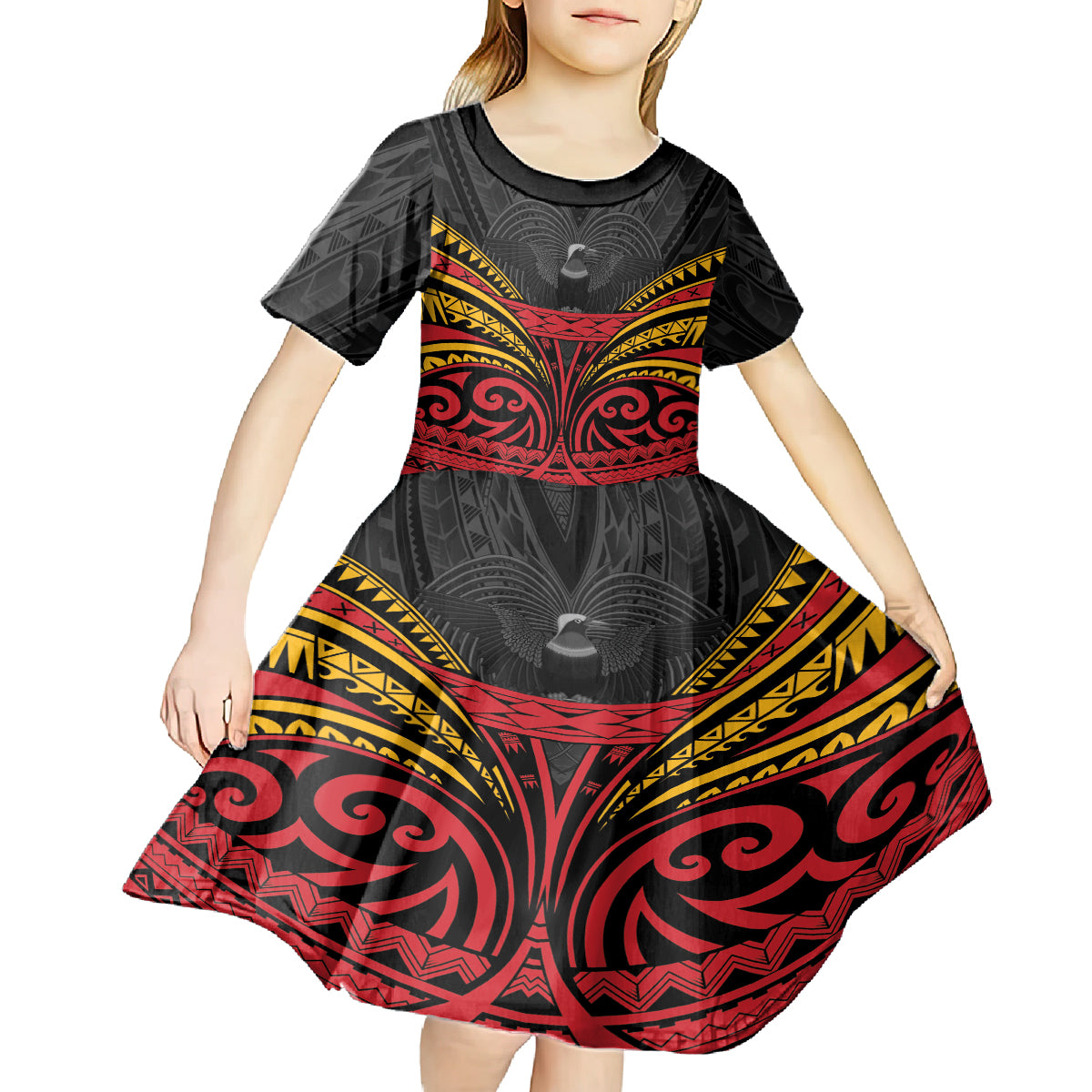Custom Papua New Guinea Cricket Kid Short Sleeve Dress PNG Emblem Mix Polyneisan Pattern