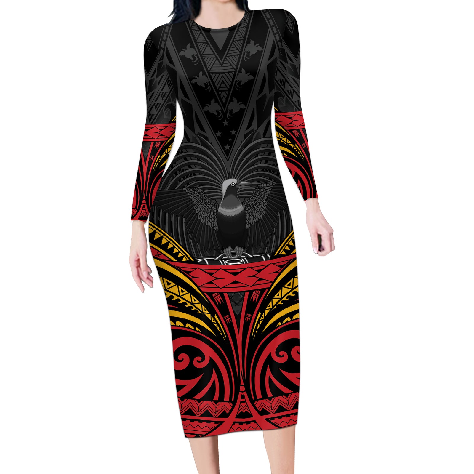 Custom Papua New Guinea Cricket Long Sleeve Bodycon Dress PNG Emblem Mix Polyneisan Pattern LT9 Long Dress Black - Polynesian Pride