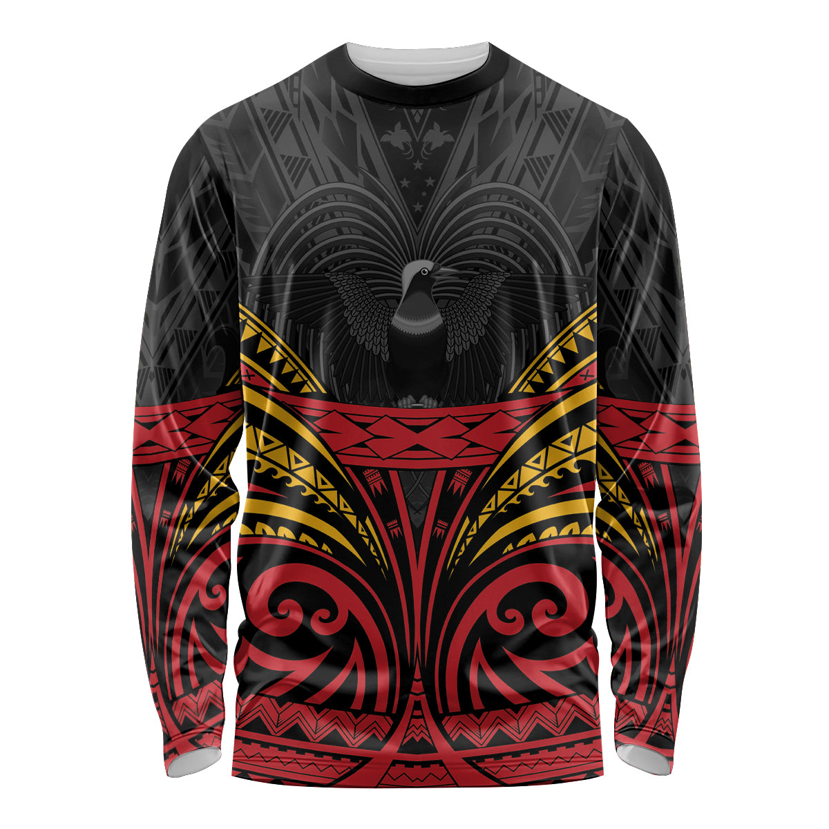 Custom Papua New Guinea Cricket Long Sleeve Shirt PNG Emblem Mix Polyneisan Pattern LT9 Unisex Black - Polynesian Pride