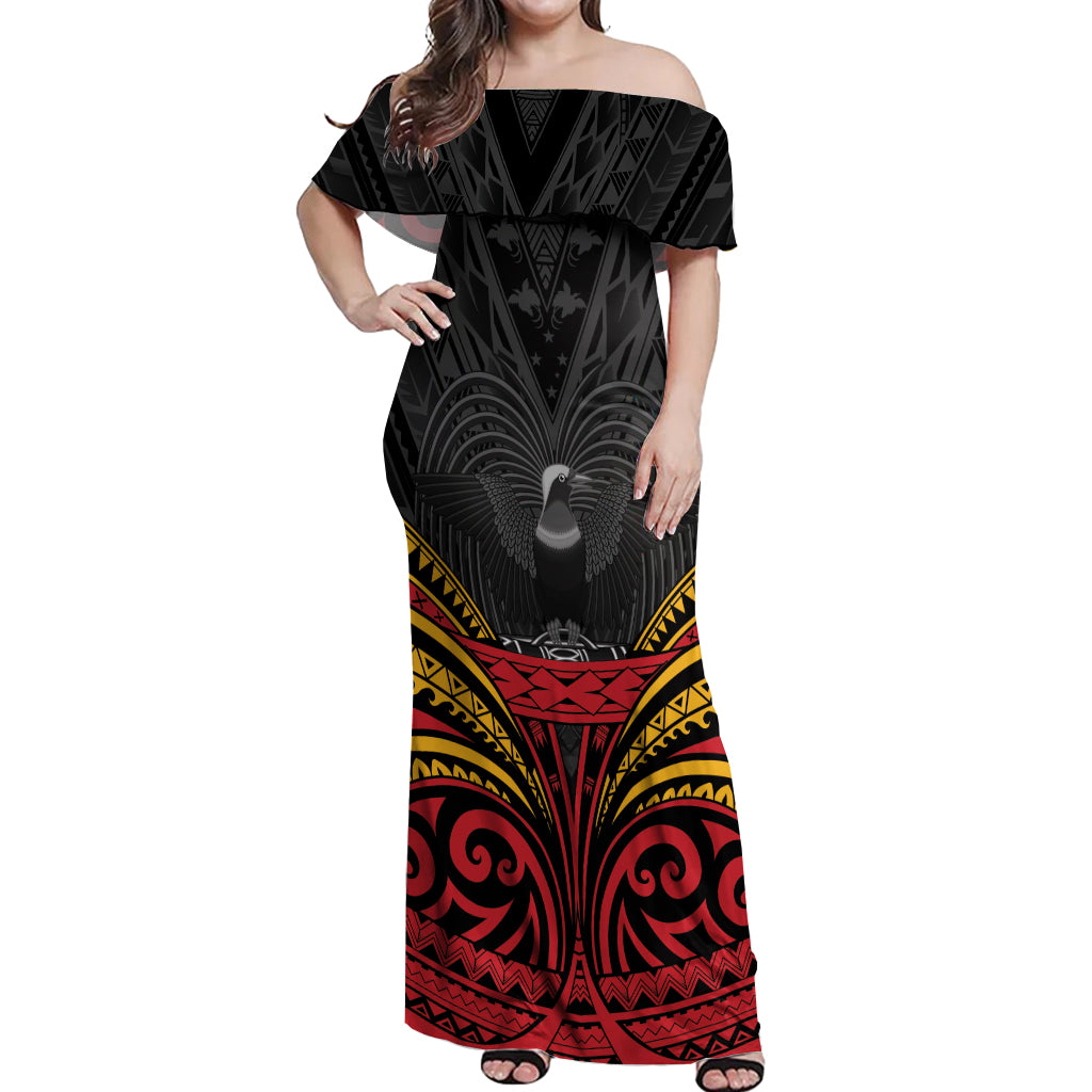 Custom Papua New Guinea Cricket Off Shoulder Maxi Dress PNG Emblem Mix Polyneisan Pattern LT9 Women Black - Polynesian Pride