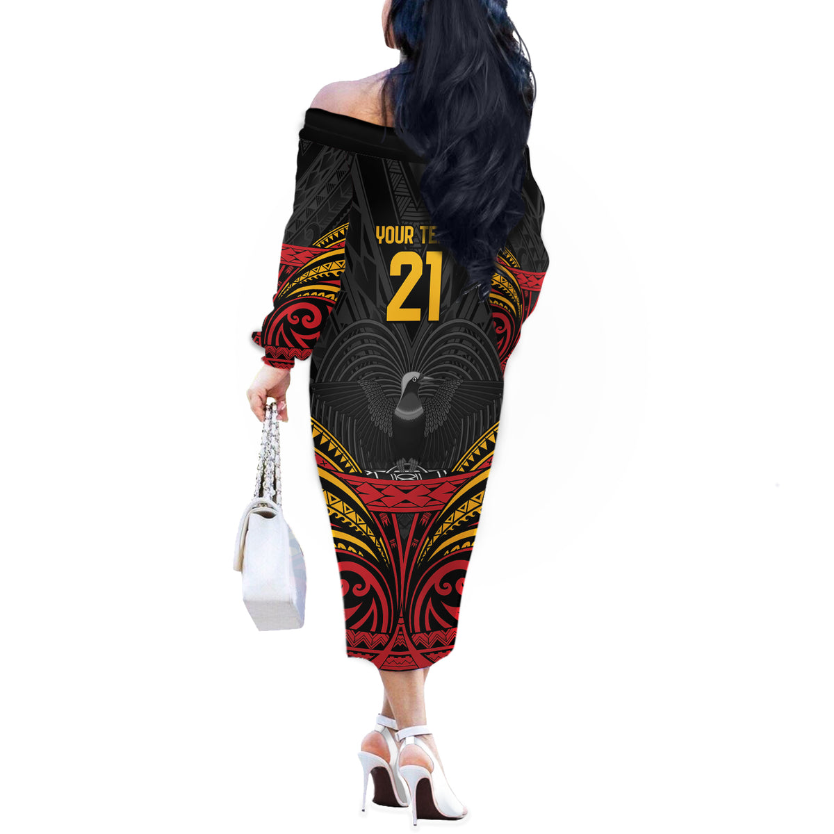 Custom Papua New Guinea Cricket Off The Shoulder Long Sleeve Dress PNG Emblem Mix Polyneisan Pattern LT9 - Polynesian Pride