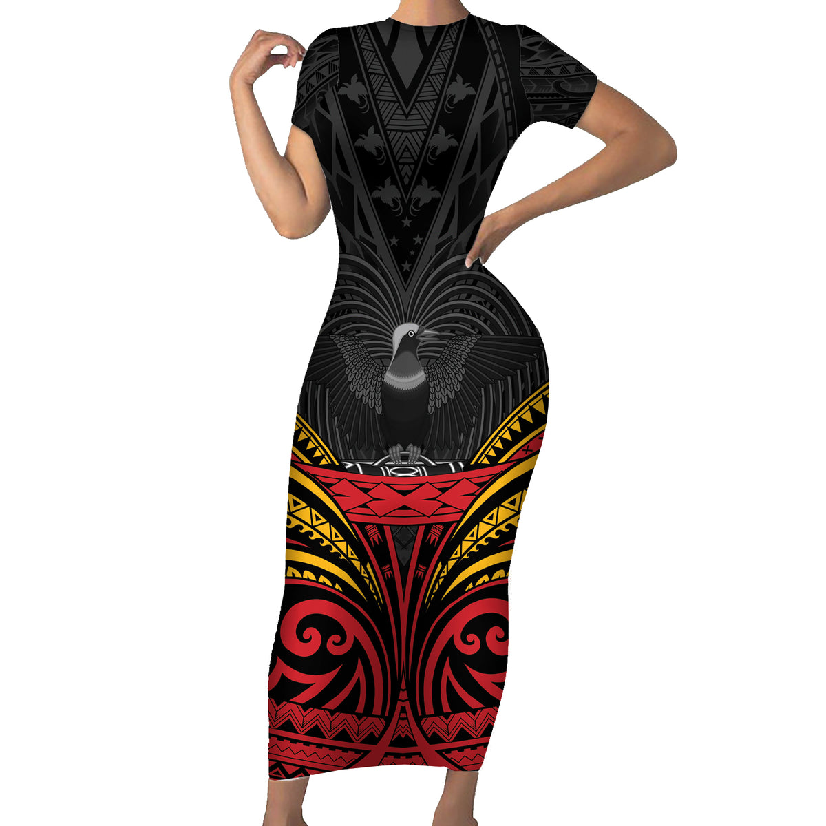 Custom Papua New Guinea Cricket Short Sleeve Bodycon Dress PNG Emblem Mix Polyneisan Pattern LT9 Long Dress Black - Polynesian Pride