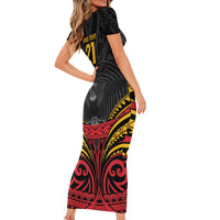 Custom Papua New Guinea Cricket Short Sleeve Bodycon Dress PNG Emblem Mix Polyneisan Pattern LT9 - Polynesian Pride