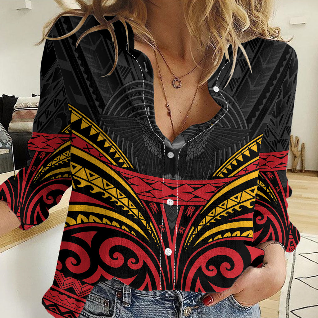 Custom Papua New Guinea Cricket Women Casual Shirt PNG Emblem Mix Polyneisan Pattern LT9 Female Black - Polynesian Pride