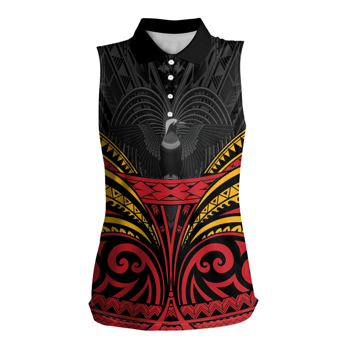 Custom Papua New Guinea Cricket Women Sleeveless Polo Shirt PNG Emblem Mix Polyneisan Pattern LT9 Female Black - Polynesian Pride
