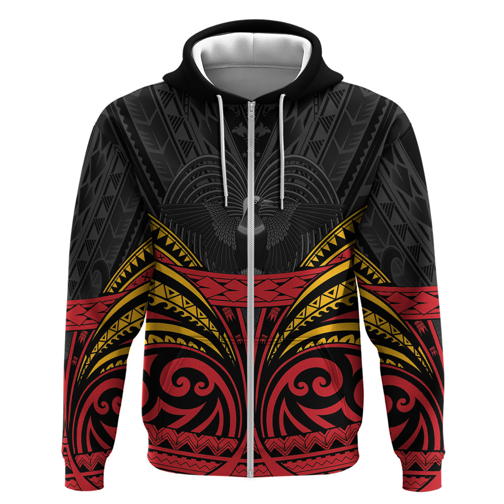 Custom Papua New Guinea Cricket Zip Hoodie PNG Emblem Mix Polyneisan Pattern LT9 Zip Hoodie Black - Polynesian Pride