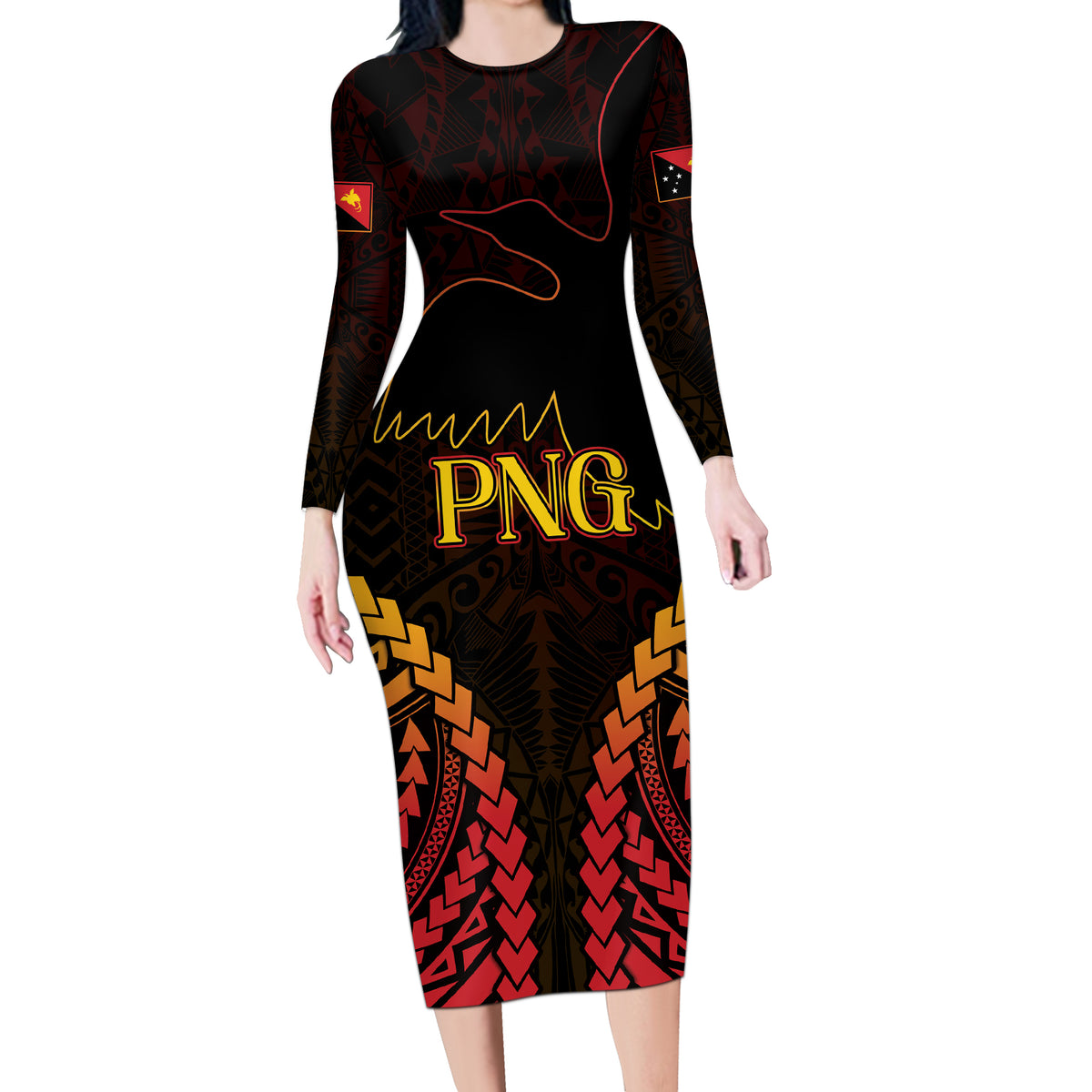 Custom Papua New Guinea Cricket Long Sleeve Bodycon Dress Go Barramundis LT9 Long Dress Black - Polynesian Pride