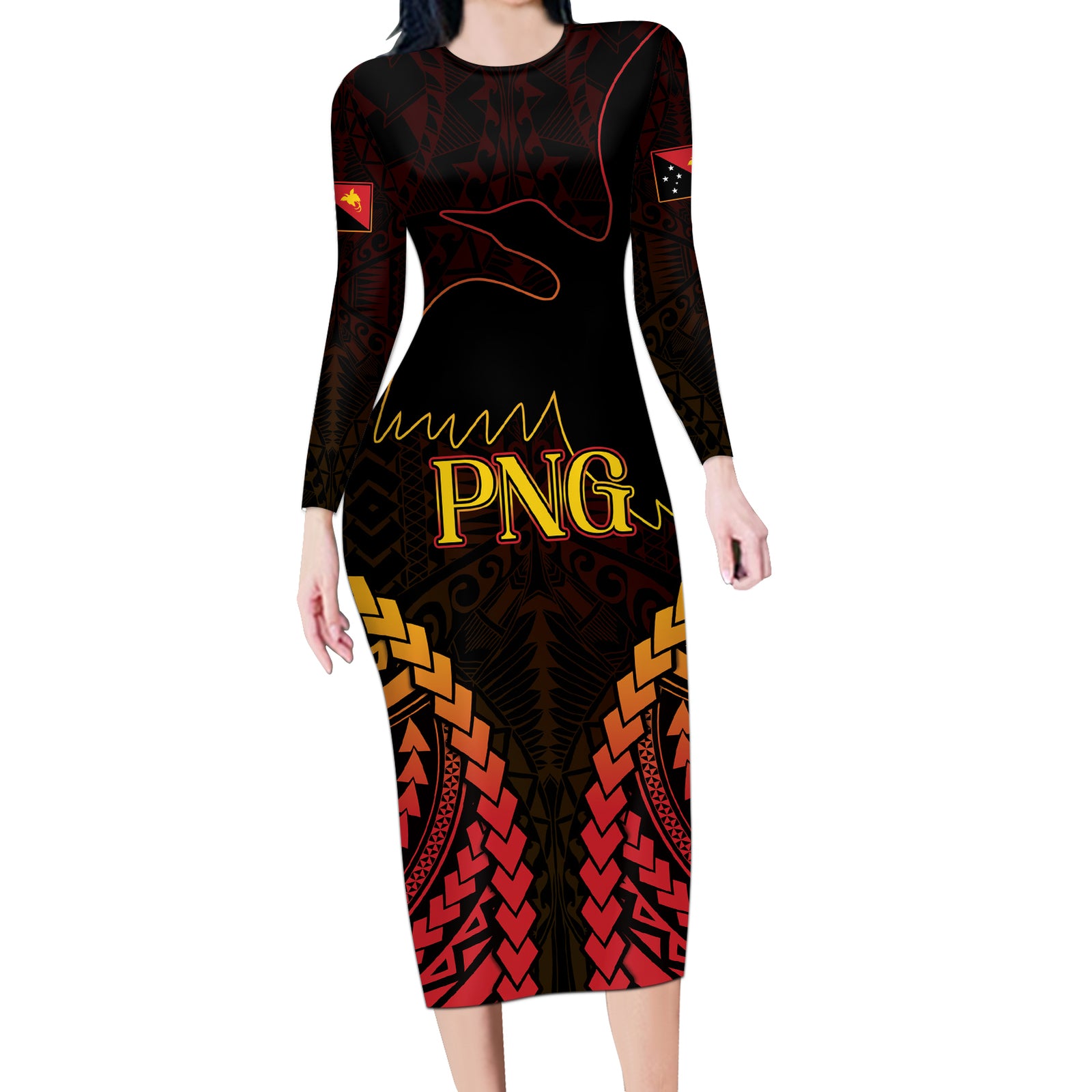 Custom Papua New Guinea Cricket Long Sleeve Bodycon Dress Go Barramundis LT9 Long Dress Black - Polynesian Pride
