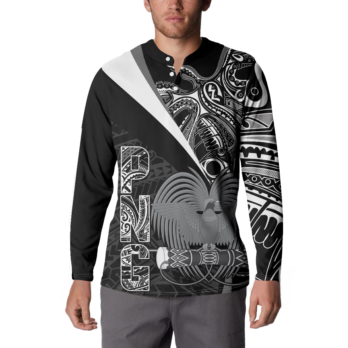 Custom Papua New Guinea Cricket Button Sweatshirt Tribal Bird of Paradise Tattoo LT9 - Polynesian Pride