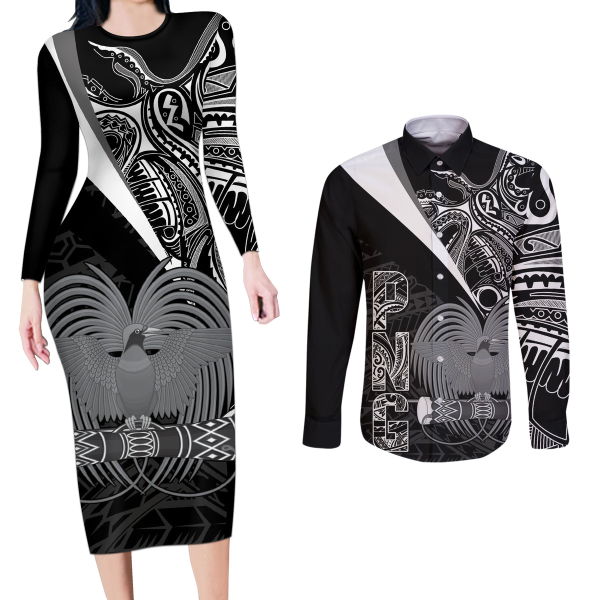 Personalised PNG Couples Matching Short Sleeve Bodycon Dress and Long Sleeve Button Shirts Papua Motuan Mirror Style LT7 main image 1
