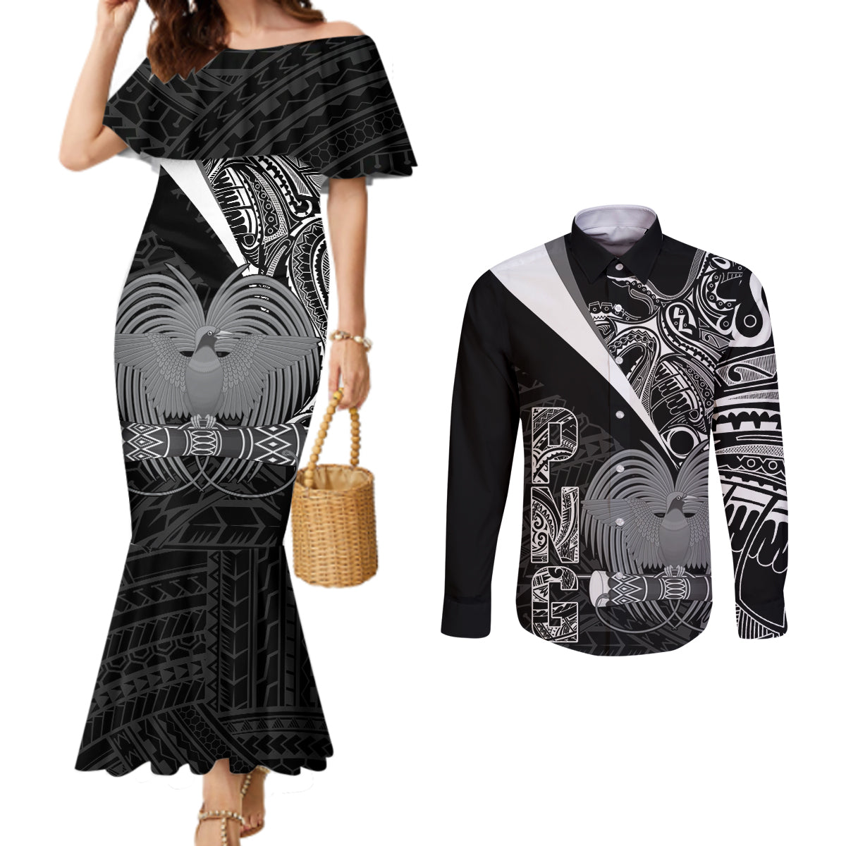 Custom Papua New Guinea Cricket Couples Matching Mermaid Dress and Long Sleeve Button Shirt Tribal Bird of Paradise Tattoo
