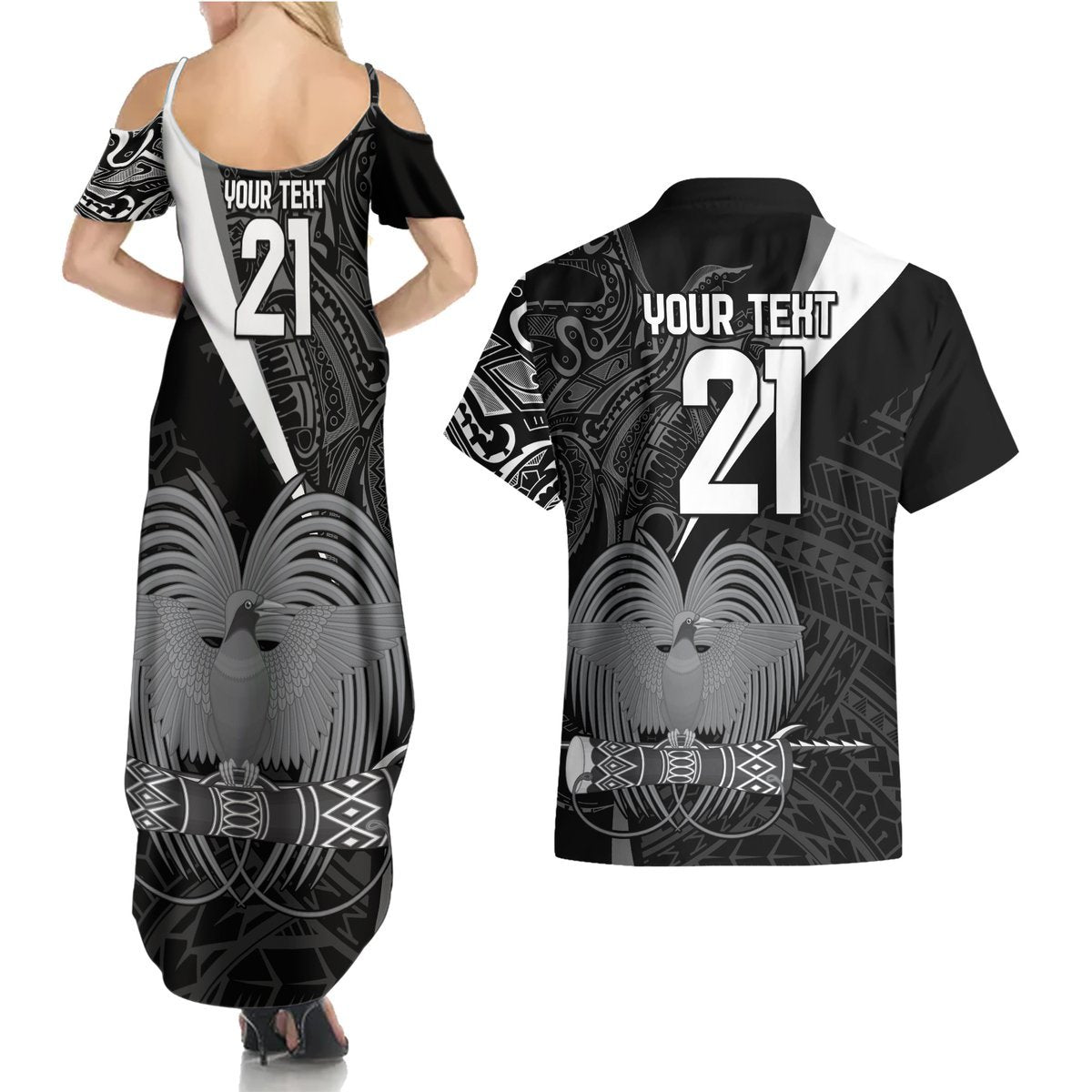 Custom Papua New Guinea Cricket Couples Matching Summer Maxi Dress and Hawaiian Shirt Tribal Bird of Paradise Tattoo LT9 - Polynesian Pride