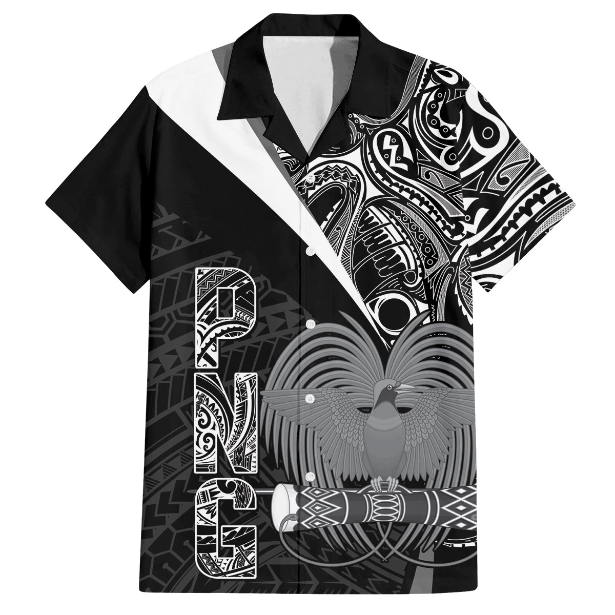 Custom Papua New Guinea Cricket Family Matching Off Shoulder Maxi Dress and Hawaiian Shirt Tribal Bird of Paradise Tattoo LT9 Dad's Shirt - Short Sleeve Black - Polynesian Pride