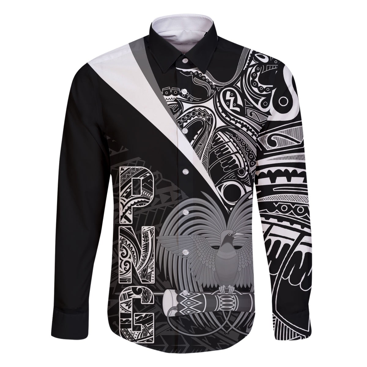 Custom Papua New Guinea Cricket Family Matching Off Shoulder Maxi Dress and Hawaiian Shirt Tribal Bird of Paradise Tattoo LT9 Dad's Shirt - Long Sleeve Black - Polynesian Pride
