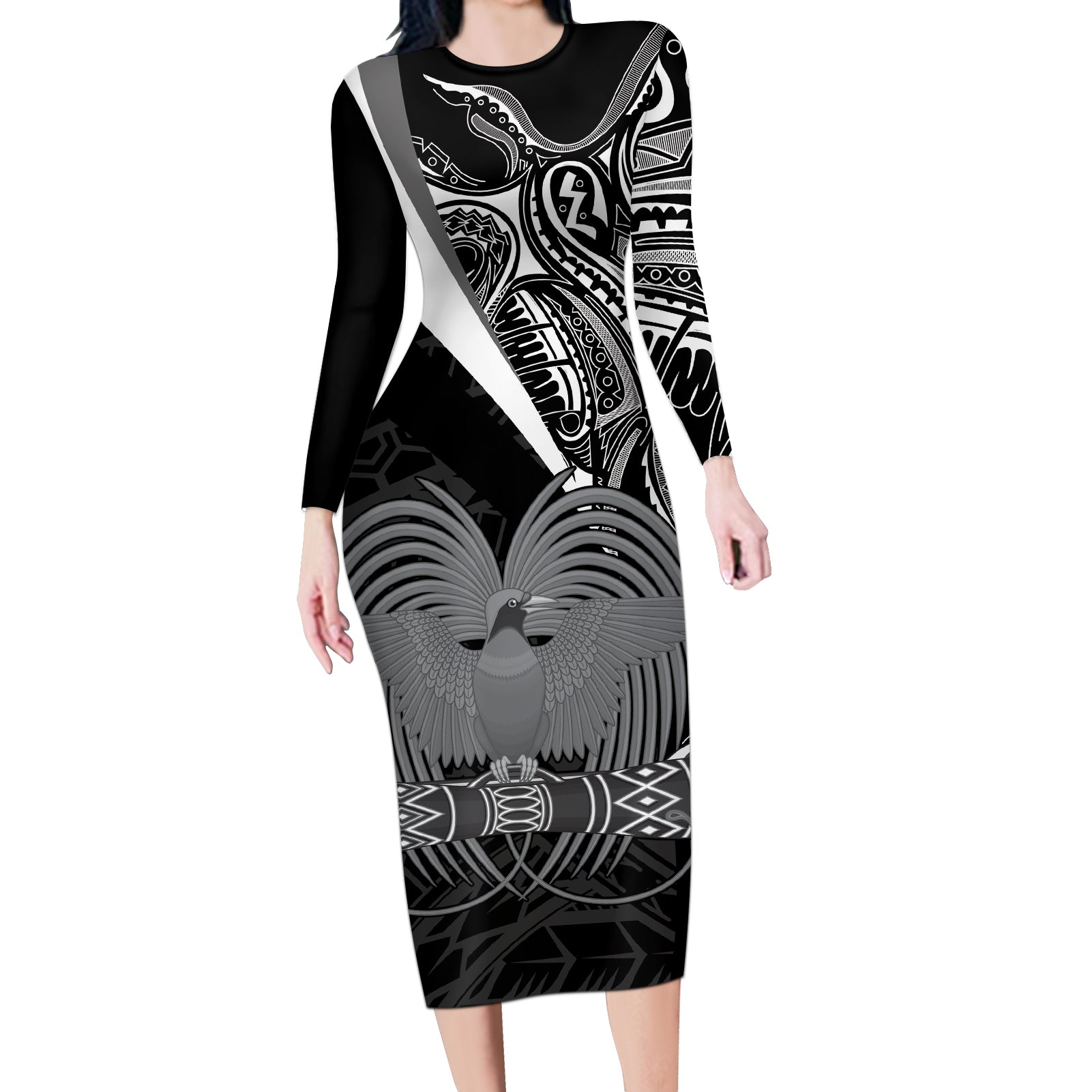 Custom Papua New Guinea Cricket Long Sleeve Bodycon Dress Tribal Bird of Paradise Tattoo