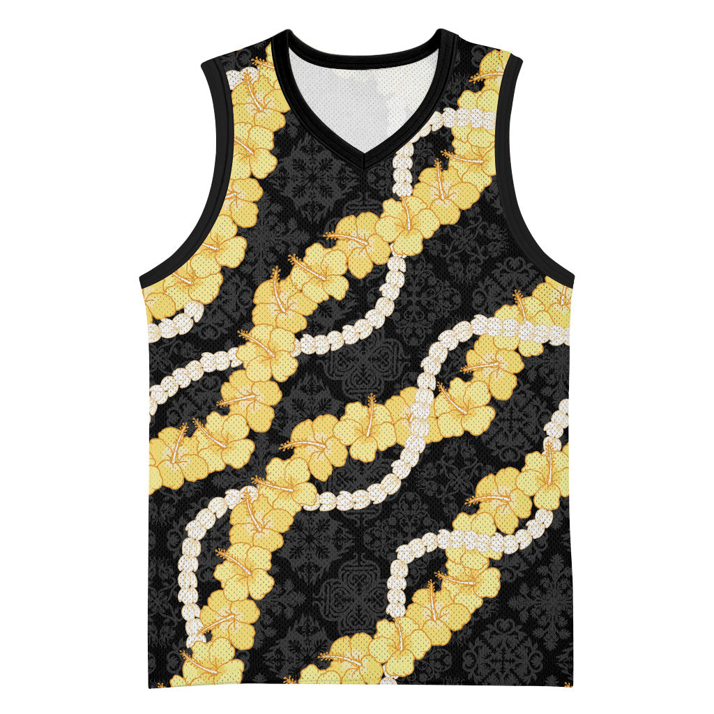 Aloha Melemele Hibiscus Pikake Lei Basketball Jersey Hawaiian Quilt Pattern LT9 Unisex Black - Polynesian Pride