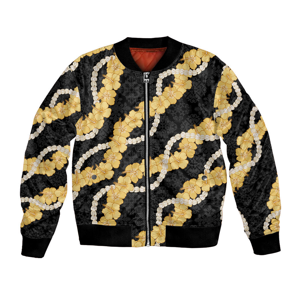 Aloha Melemele Hibiscus Pikake Lei Bomber Jacket Hawaiian Quilt Pattern LT9 Unisex Black - Polynesian Pride