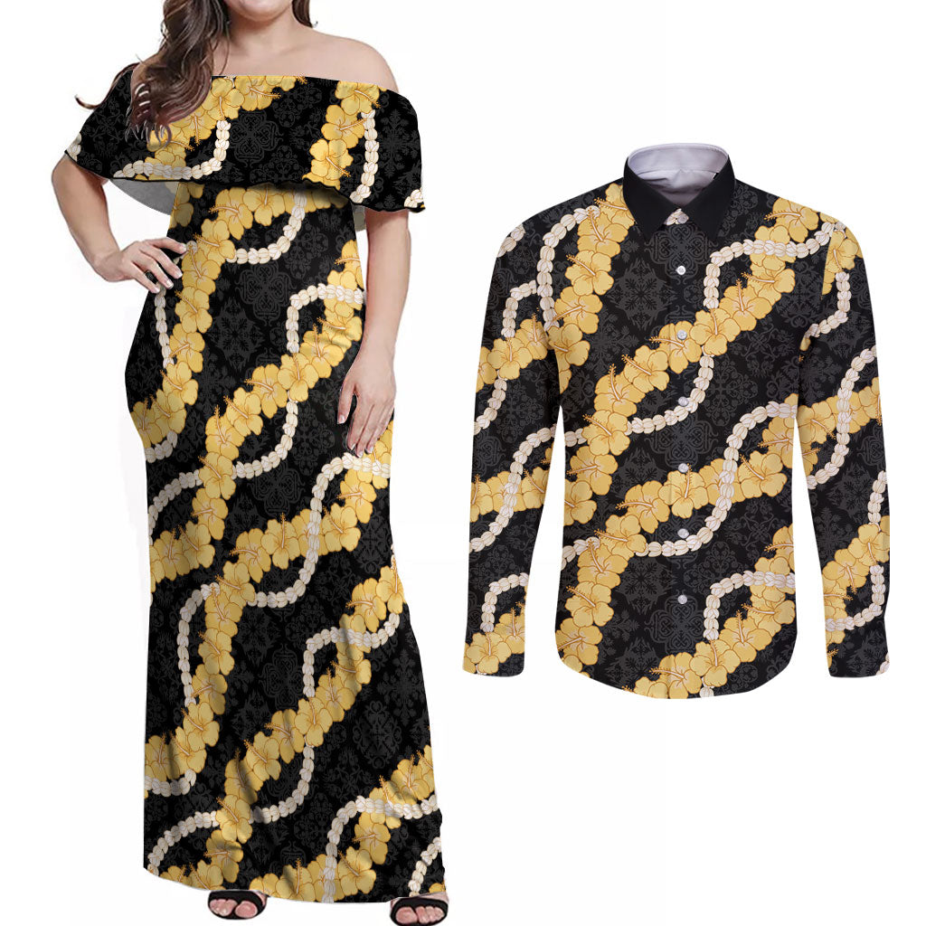 Aloha Melemele Hibiscus Pikake Lei Couples Matching Off Shoulder Maxi Dress and Long Sleeve Button Shirt Hawaiian Quilt Pattern LT9 Black - Polynesian Pride