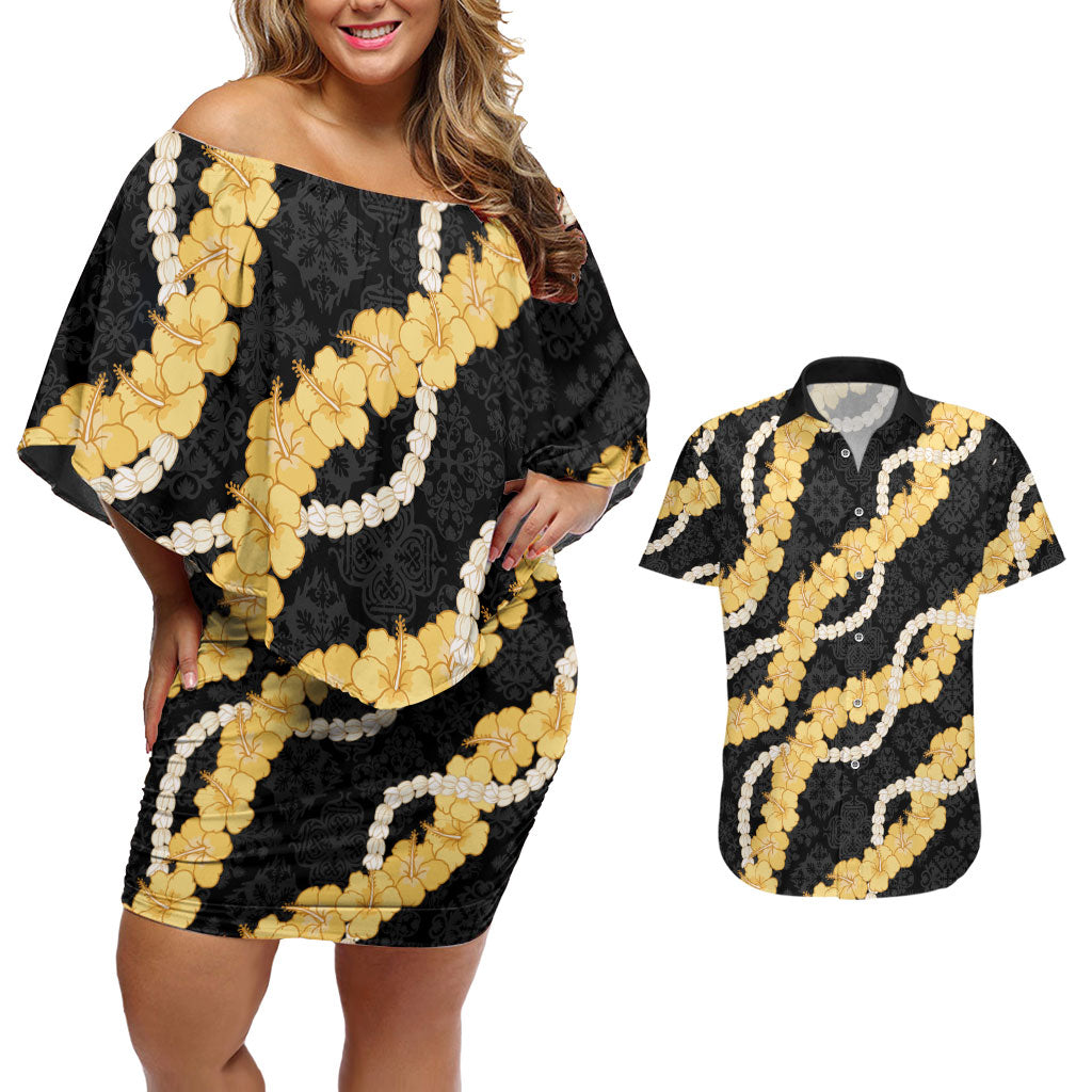 Aloha Melemele Hibiscus Pikake Lei Couples Matching Off Shoulder Short Dress and Hawaiian Shirt Hawaiian Quilt Pattern