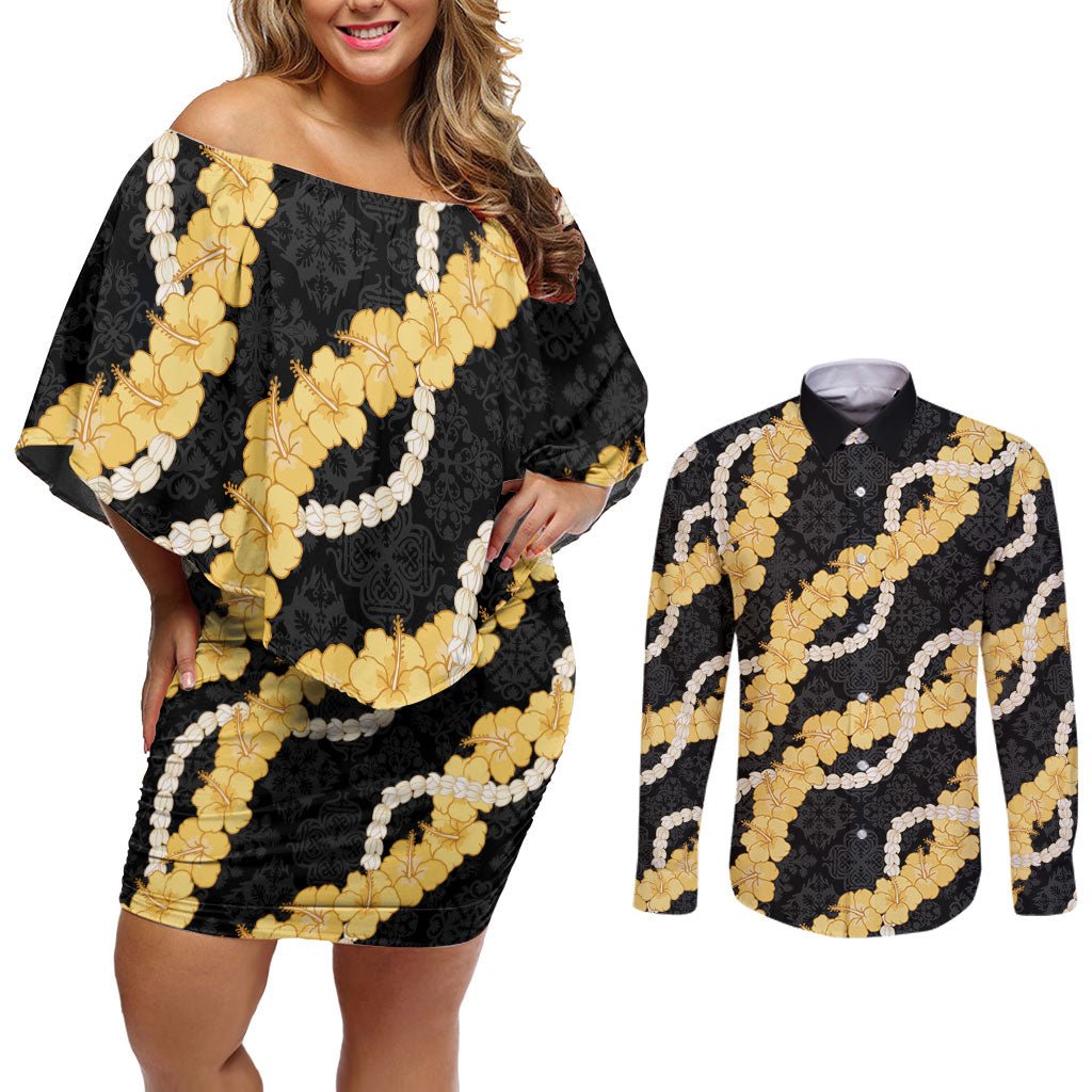 Aloha Melemele Hibiscus Pikake Lei Couples Matching Off Shoulder Short Dress and Long Sleeve Button Shirt Hawaiian Quilt Pattern LT9 Black - Polynesian Pride