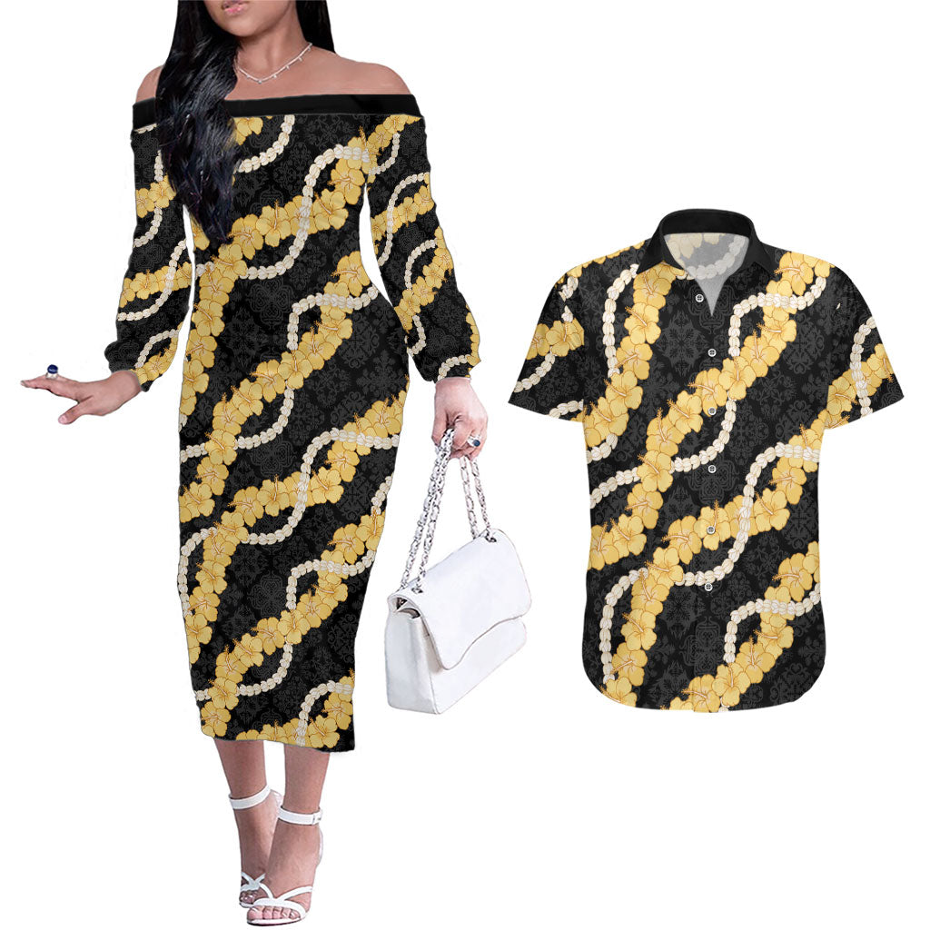 Aloha Melemele Hibiscus Pikake Lei Couples Matching Off The Shoulder Long Sleeve Dress and Hawaiian Shirt Hawaiian Quilt Pattern LT9 Black - Polynesian Pride