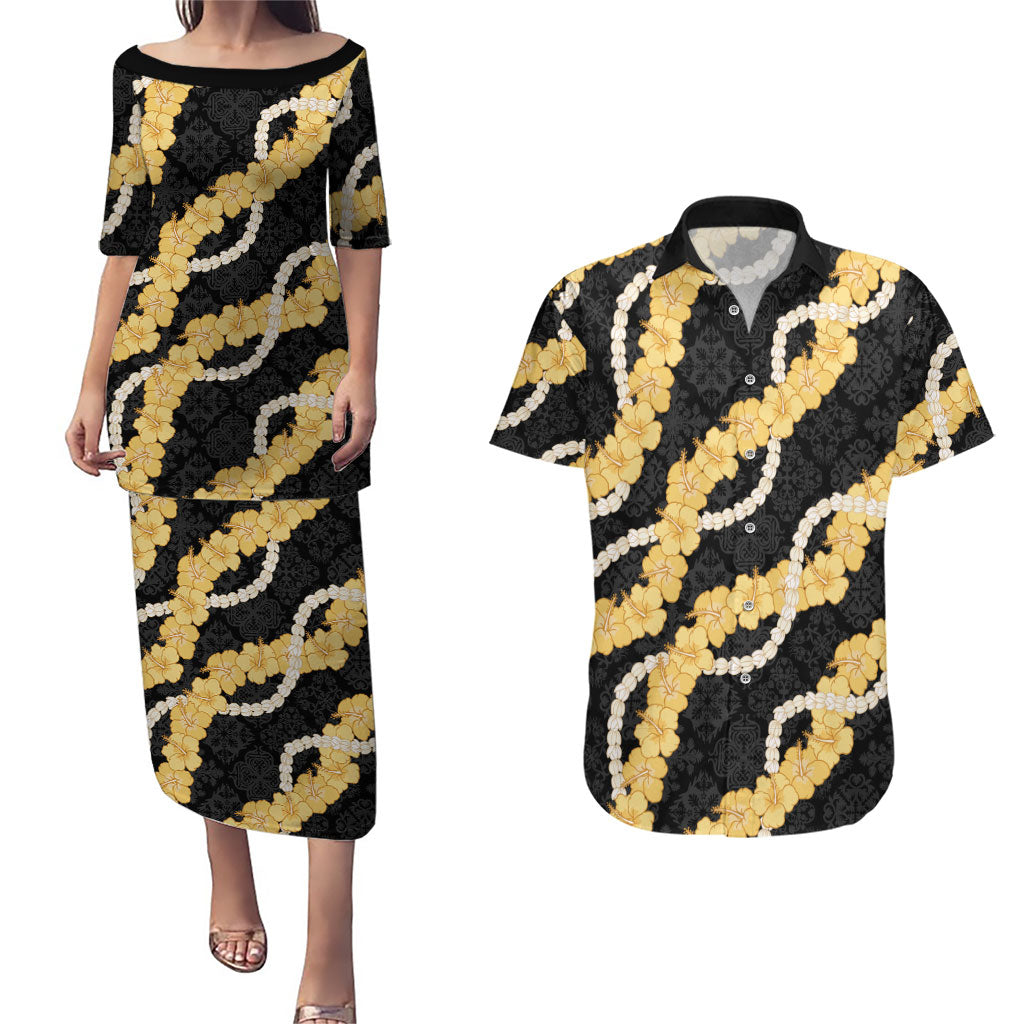 Aloha Melemele Hibiscus Pikake Lei Couples Matching Puletasi and Hawaiian Shirt Hawaiian Quilt Pattern LT9 Black - Polynesian Pride