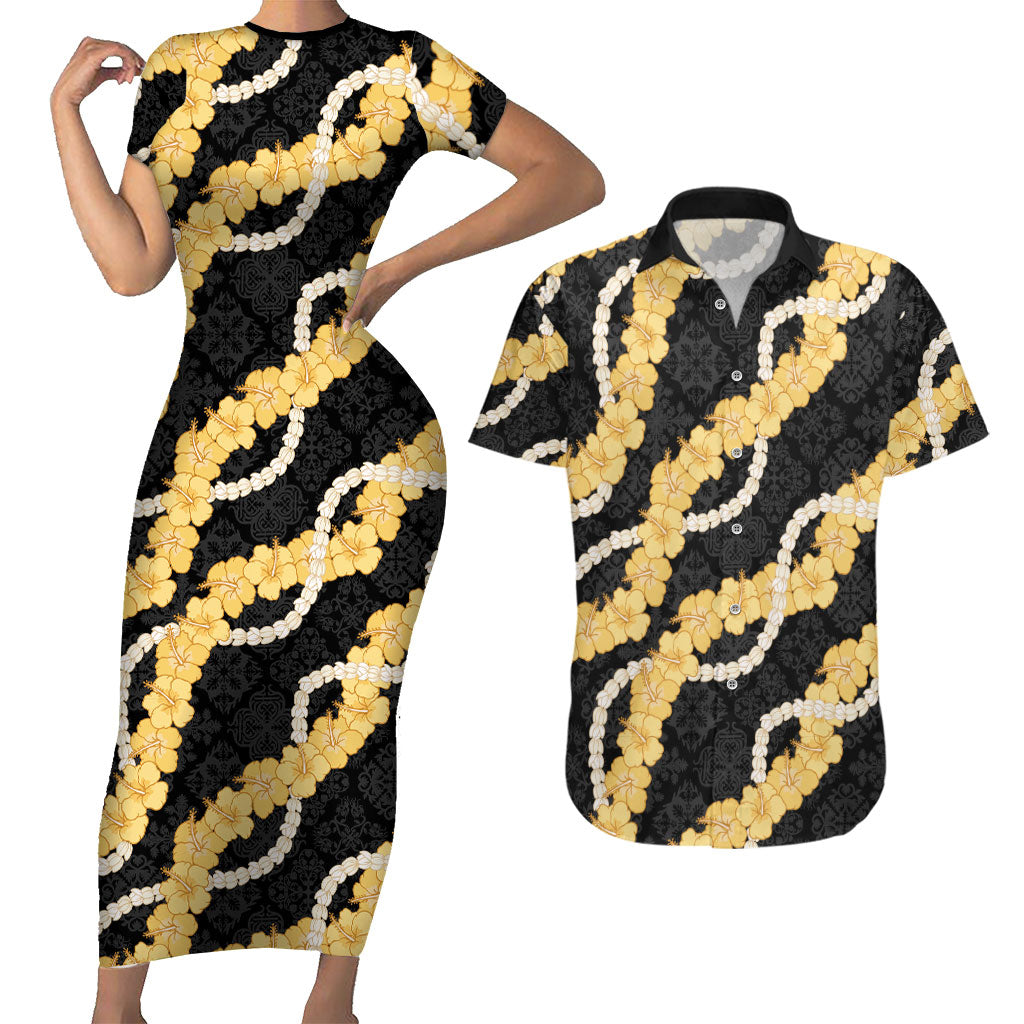 Aloha Melemele Hibiscus Pikake Lei Couples Matching Short Sleeve Bodycon Dress and Hawaiian Shirt Hawaiian Quilt Pattern