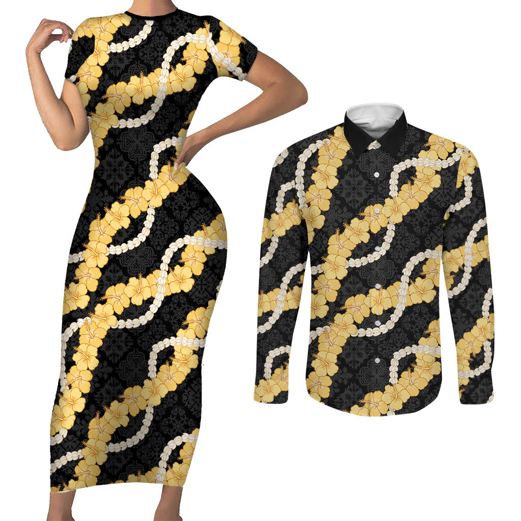 Aloha Melemele Hibiscus Pikake Lei Couples Matching Short Sleeve Bodycon Dress and Long Sleeve Button Shirt Hawaiian Quilt Pattern LT9 Black - Polynesian Pride
