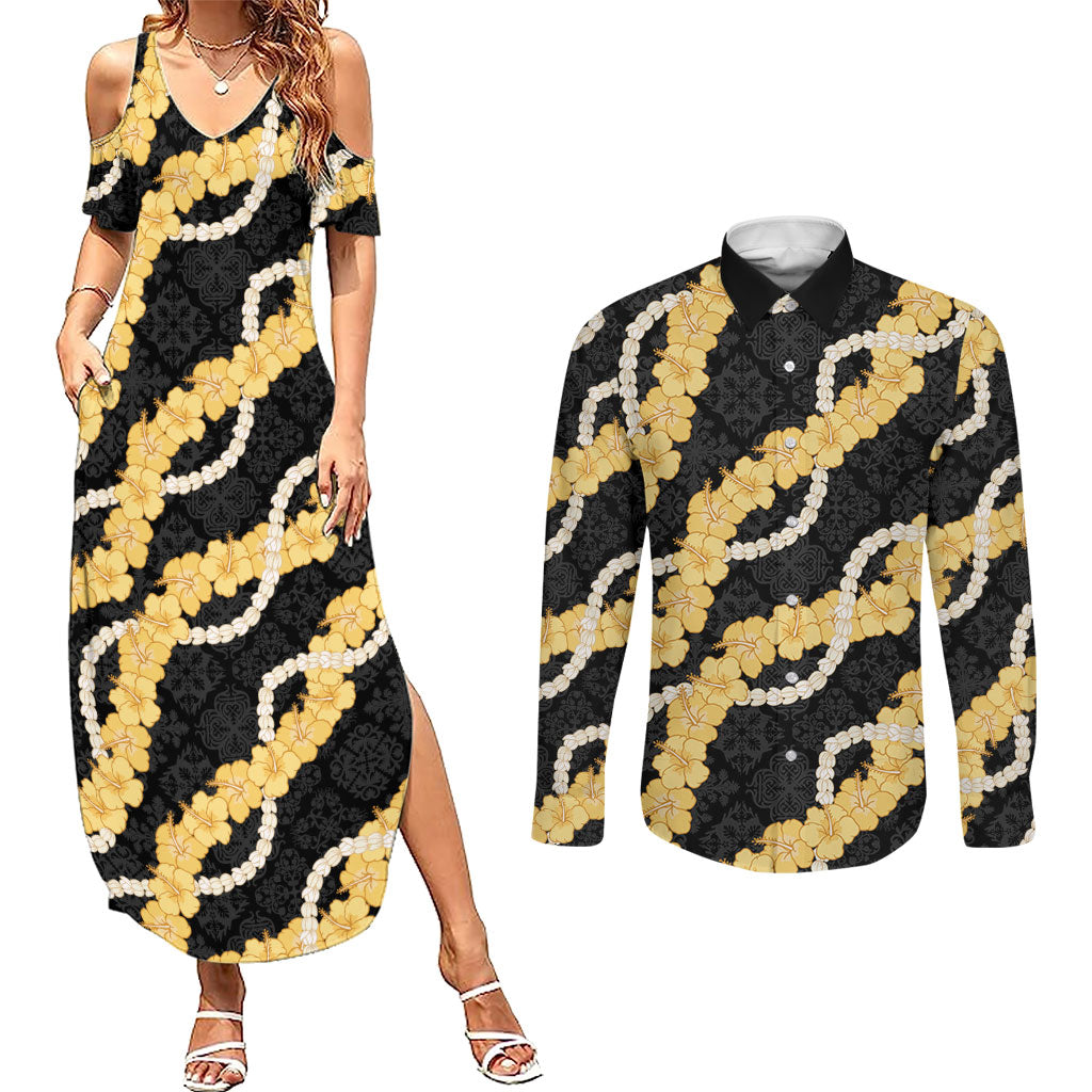 Aloha Melemele Hibiscus Pikake Lei Couples Matching Summer Maxi Dress and Long Sleeve Button Shirt Hawaiian Quilt Pattern LT9 Black - Polynesian Pride
